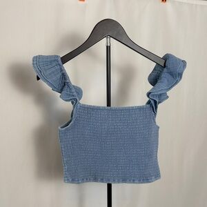 Z Supply Blue Smocked Ruffle Strap Crop Top